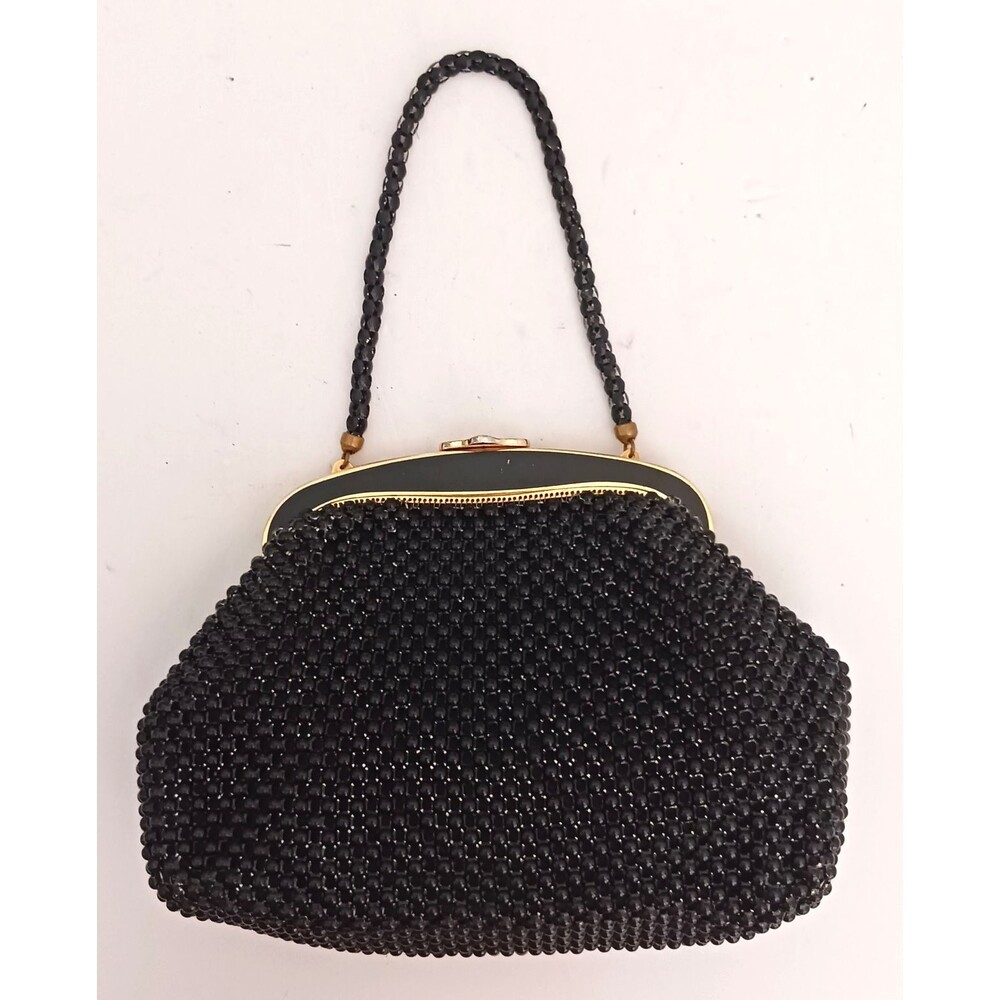 VTG Whiting & Davis Blk Beaded Mesh Blk/Gold Enamel Frame Bag Made in USA